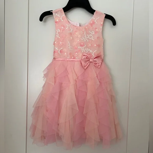 Joan Michelle Girls Pink Tulle Lace Floral Embroidered Party Dresses - Picture 5 of 10